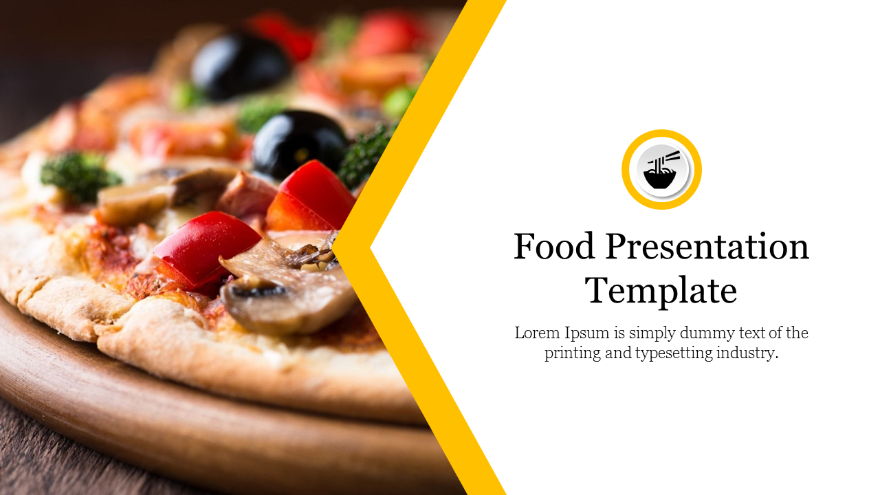 Close up of a delicious pizza with colorful vegetables, displayed alongside a food presentation template.