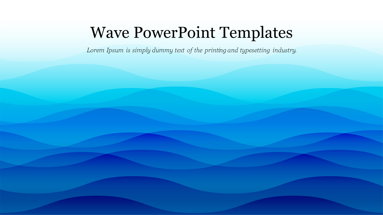 Slide featuring a gradient background of overlapping blue waves with placeholder text for content.