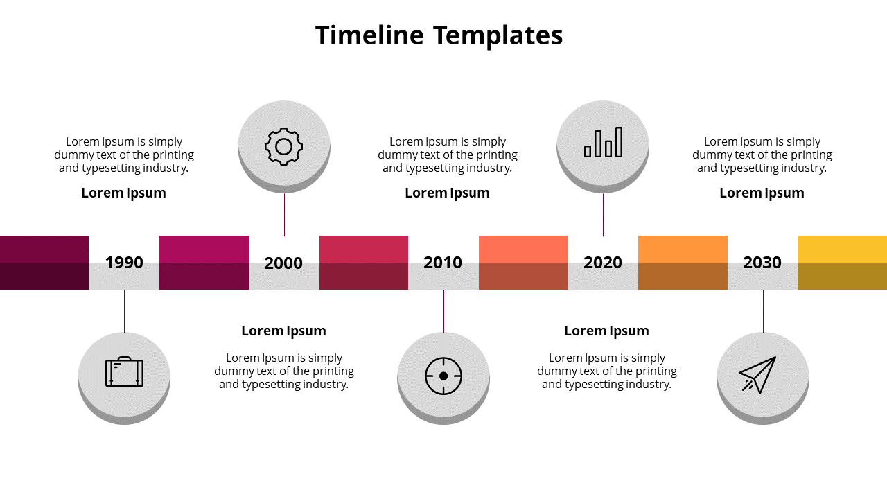 Colorful horizontal timeline slide featuring key milestones from 1990 to 2030, with text and icons for each decade.