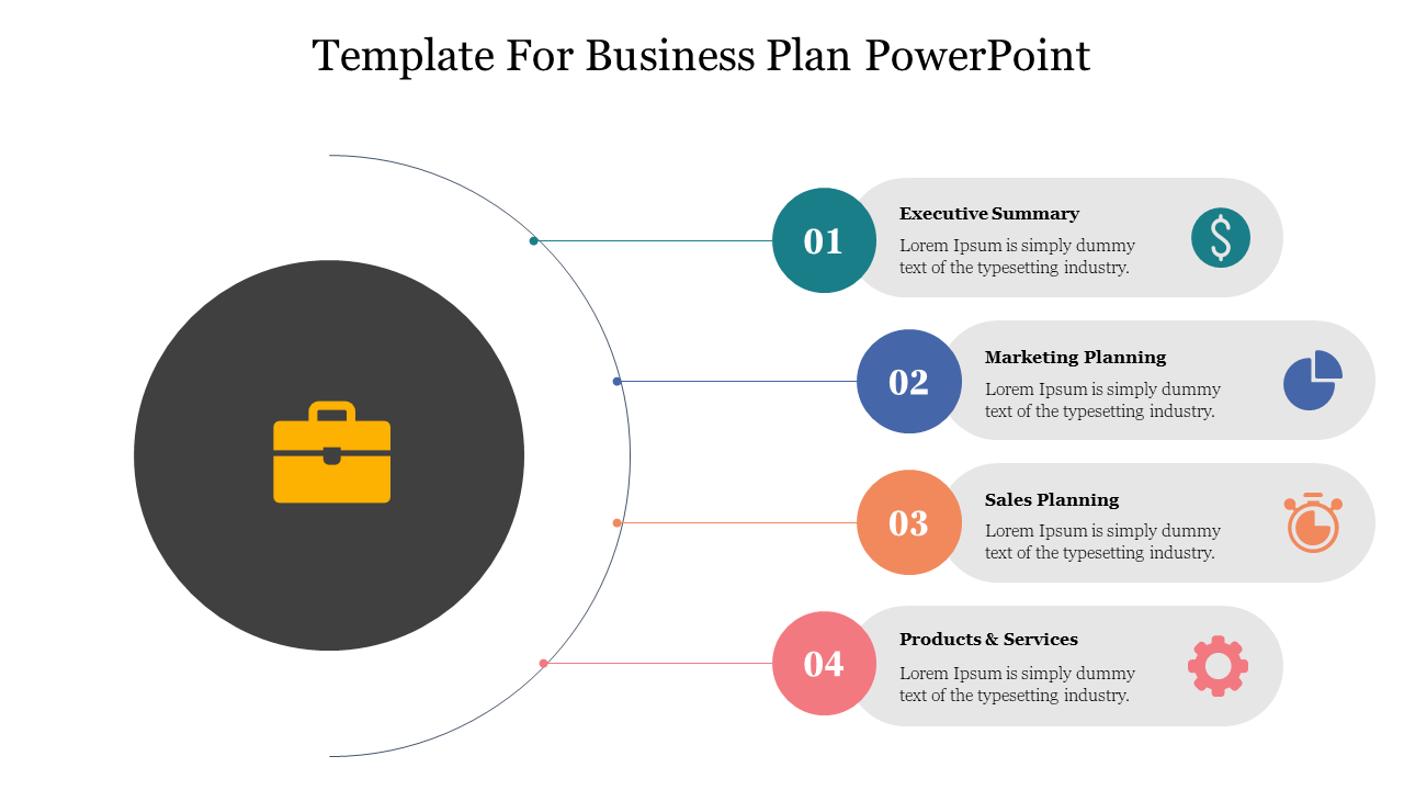 Template for business plan with a central briefcase icon and four sections, each with icons and placeholder text areas.