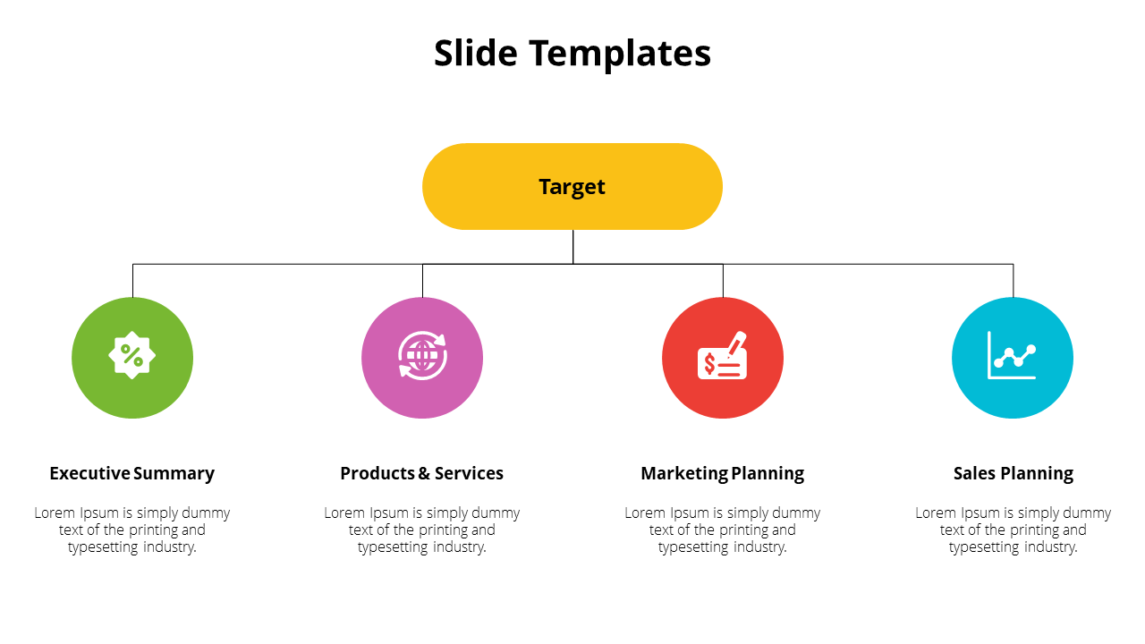 Slide with a target section and colored icons for executive summary, products and services, marketing, and sales planning.