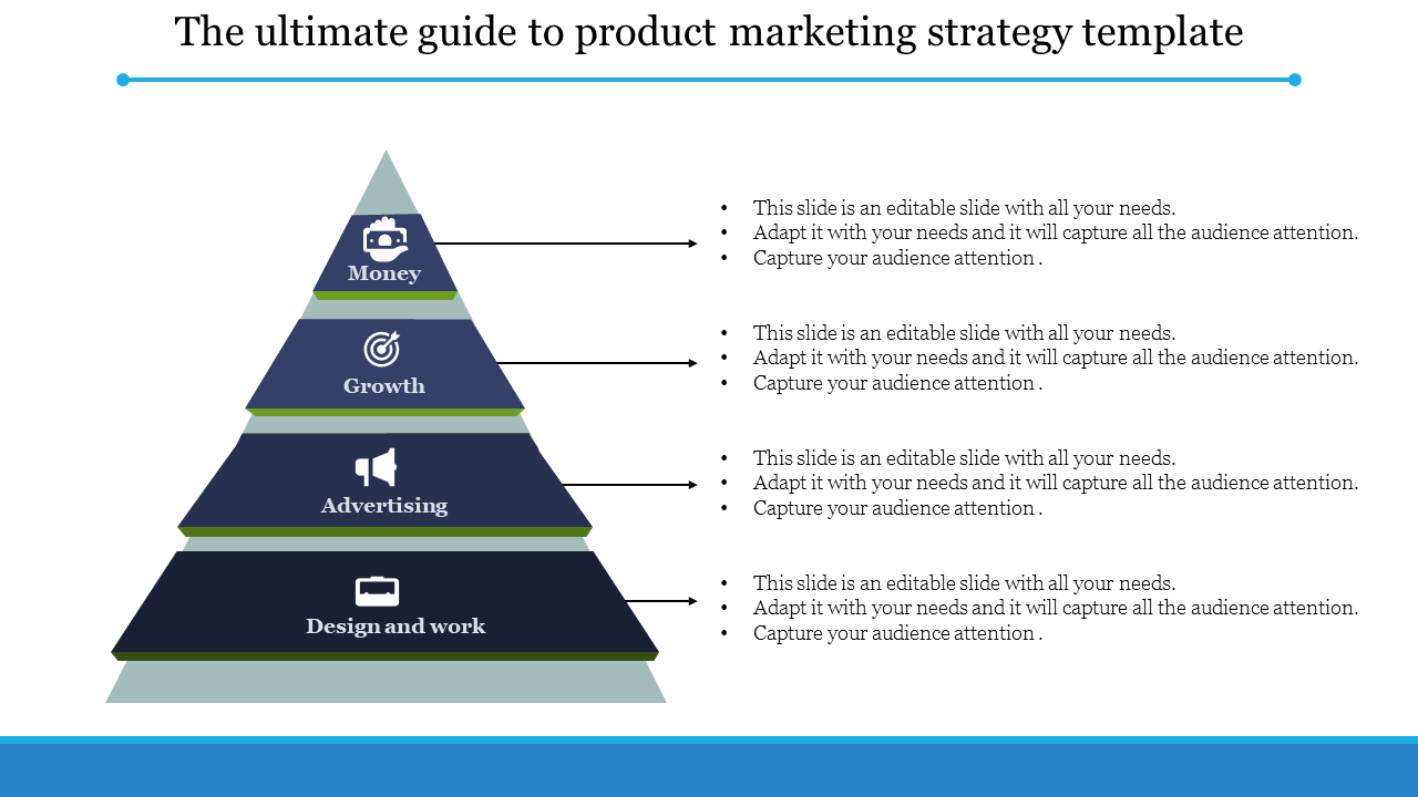 Pyramid diagram on product marketing strategy showing four different levels in blue each with a icon and caption area.