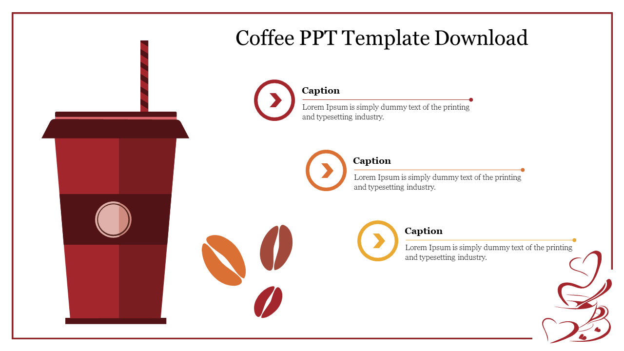 Coffee themed slide featuring a cup, coffee beans, and space for captions and text.