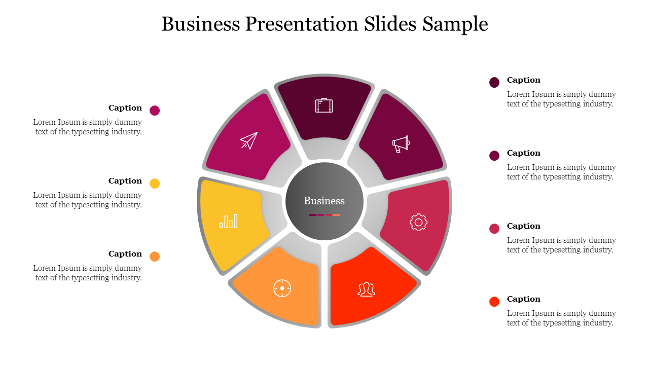 Business presentation slide with a circular layout featuring icons for business elements with placeholder text.