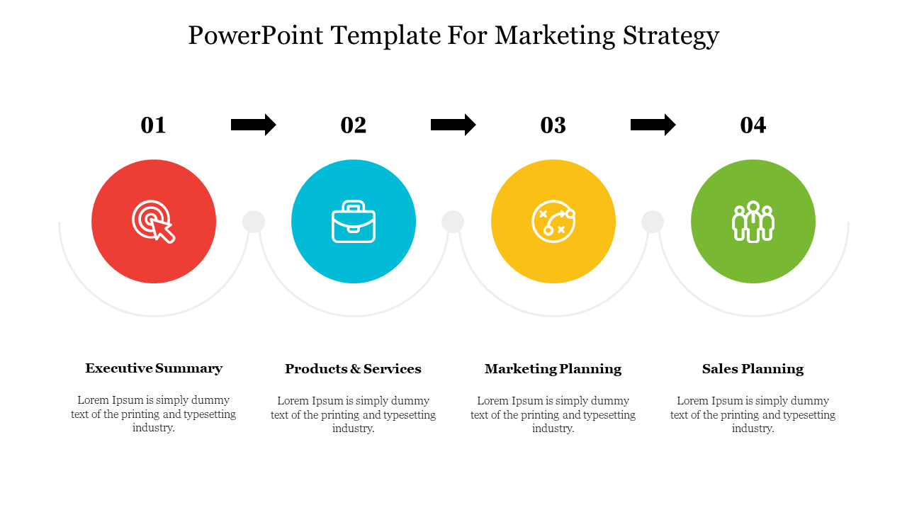 PowerPoint slide for marketing strategy showing steps from executive summary to sales planning with relevant icons.