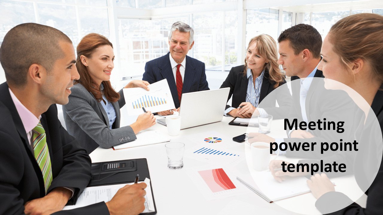 Corporate meeting scene with six people collaborating over charts and reports, with text in a circular overlay.