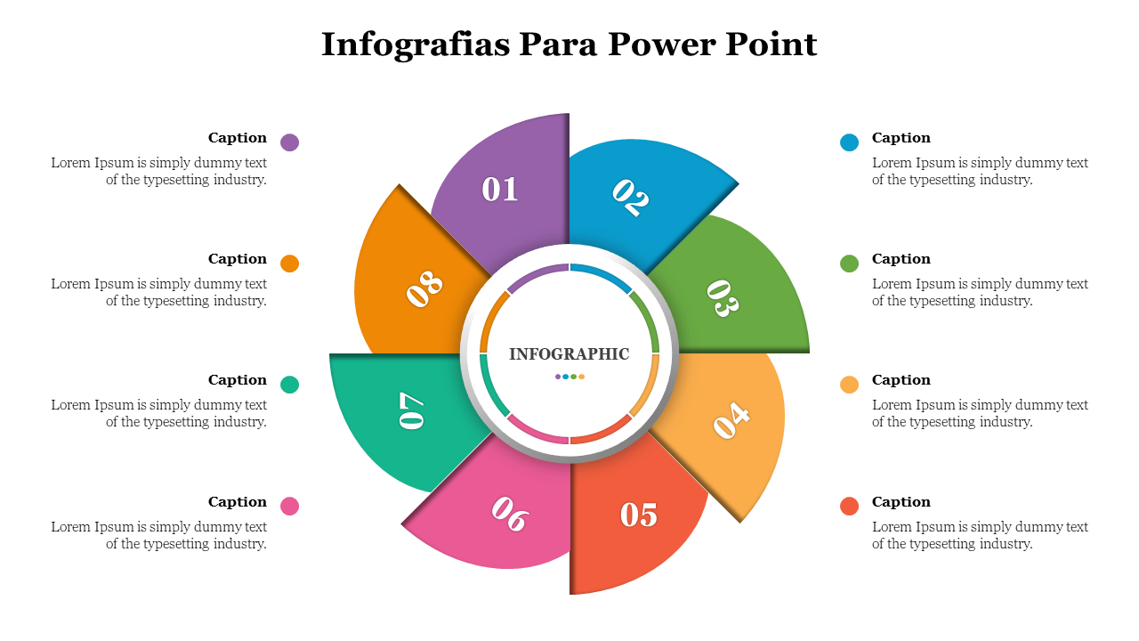 Infografias Para PowerPoint colorful circular infographic slide with eight numbered segments with captions.