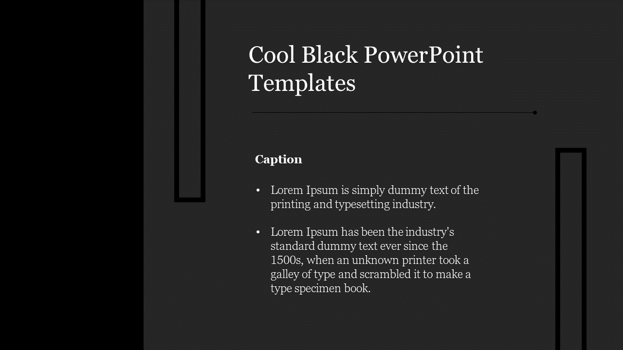 A minimalist PowerPoint slide featuring a sleek black background with white text and a clean design layout.