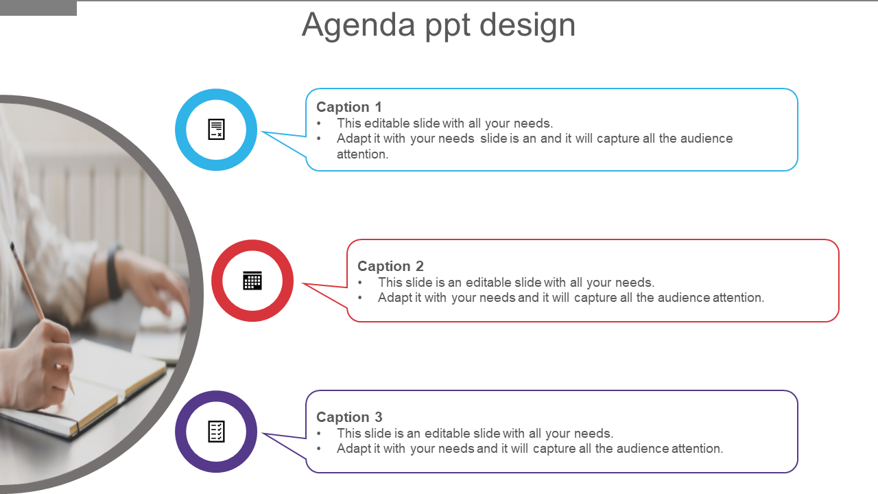 Slide showing agenda design elements with captions in blue, red, and purple boxes, alongside an image of a person writing.