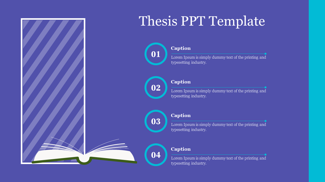 Thesis slide with an open book icon on the left and four numbered captions on the right, each with placeholder text area.