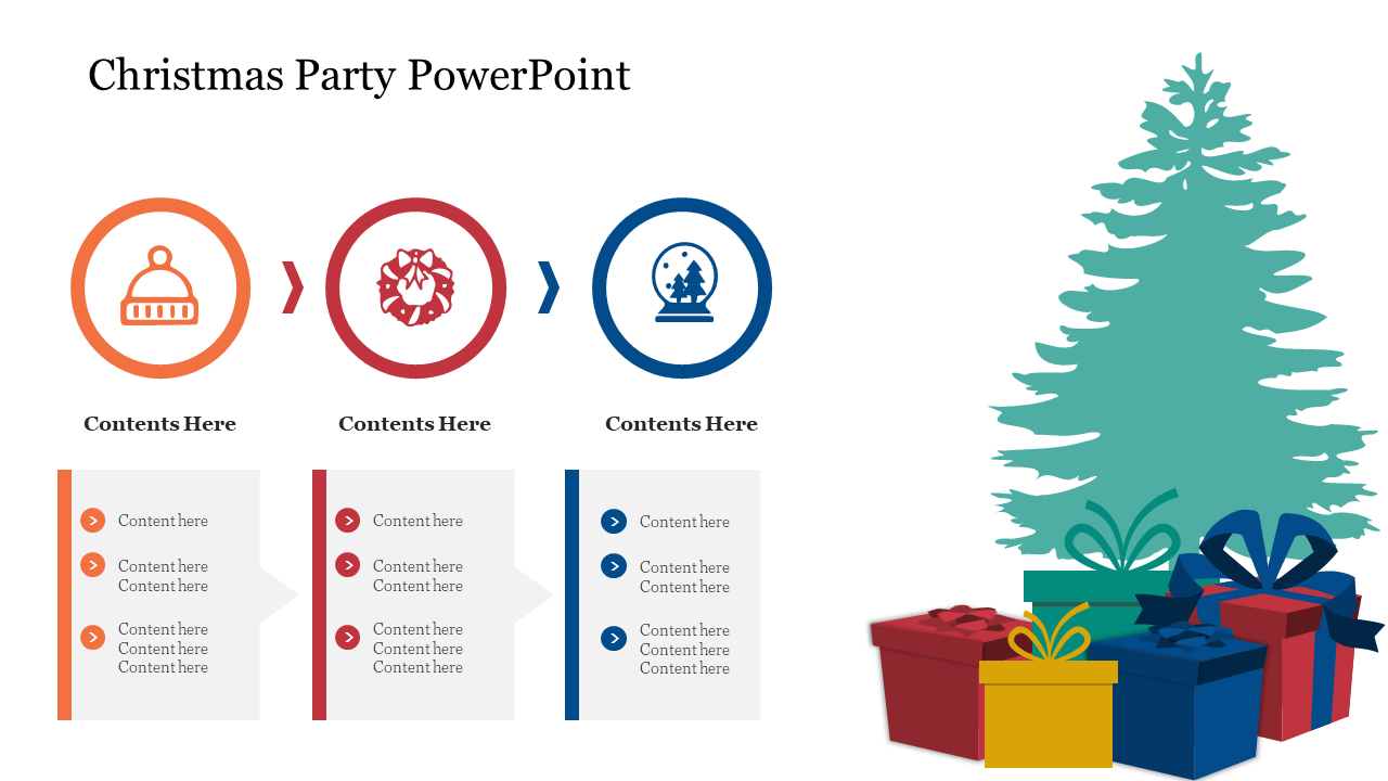 Slide with three Christmas icons, a tree illustration, and variously colored gifts, highlighting festive celebration themes.