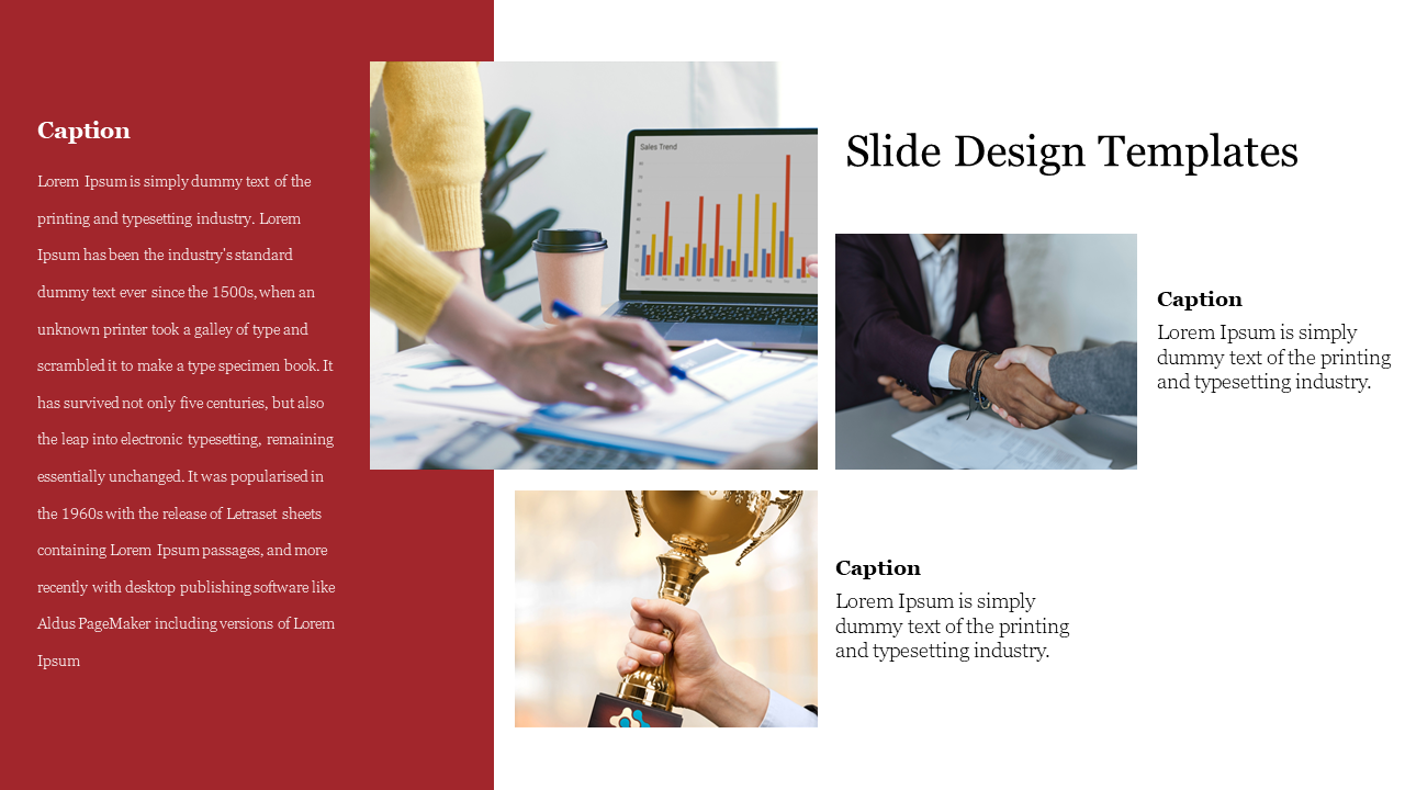 Slide with three images of a laptop displaying sales graph, a handshake, and a trophy, framed by red and white sections.