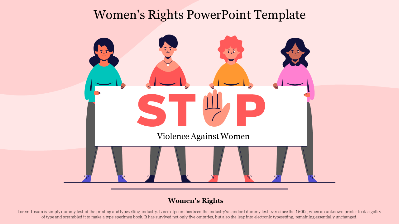 Women's rights slide with four woman holding a banner of quote about women's violence on a pink background.