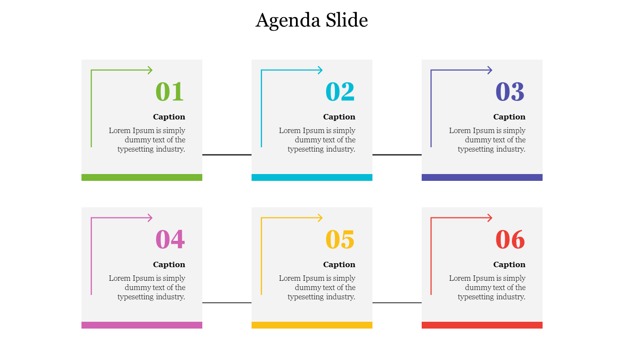 Slide featuring six colored squares arranged in two rows, each with a number, arrow, and caption inside.