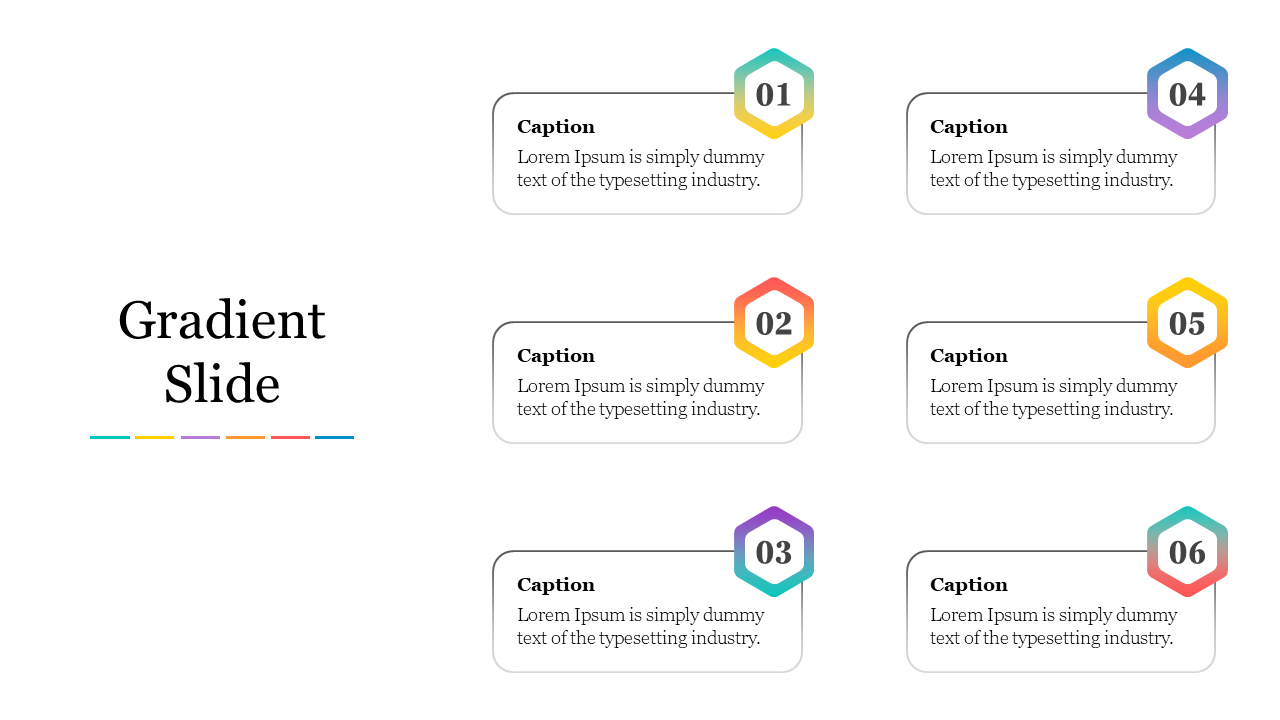 Colorful gradient slide with six numbered caption areas arranged in two rows, each with a colored border.