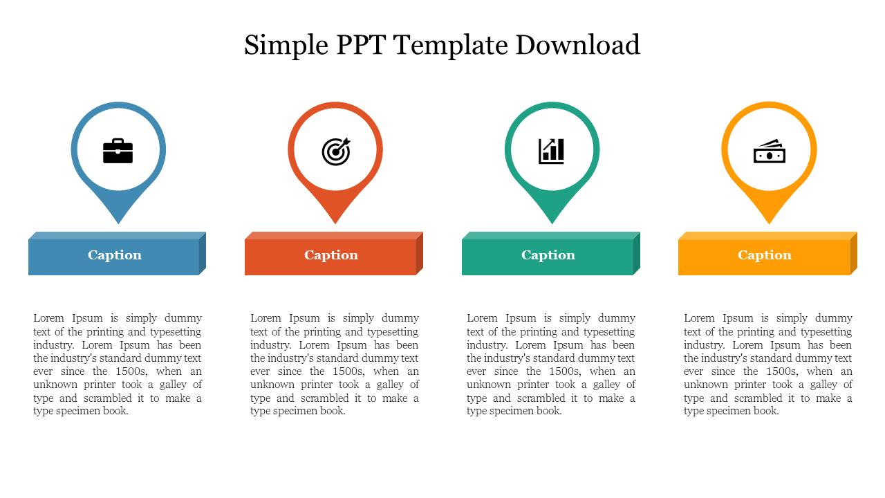 Simple PowerPoint template with four colorful icons for business categories and placeholder text on a white backdrop.