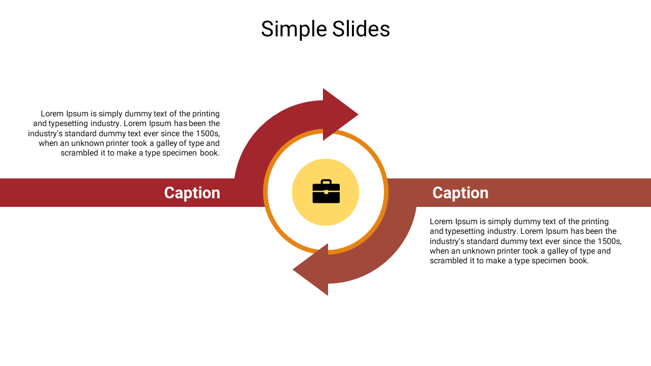 Slide featuring a simple design layout with circular arrows and captions, emphasizing a central icon of a briefcase.