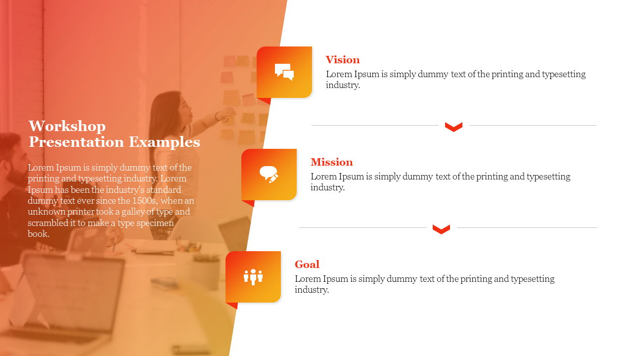 Slide featuring a red-orange gradient background with a workshop scene, three sections each with icons and placeholder text.