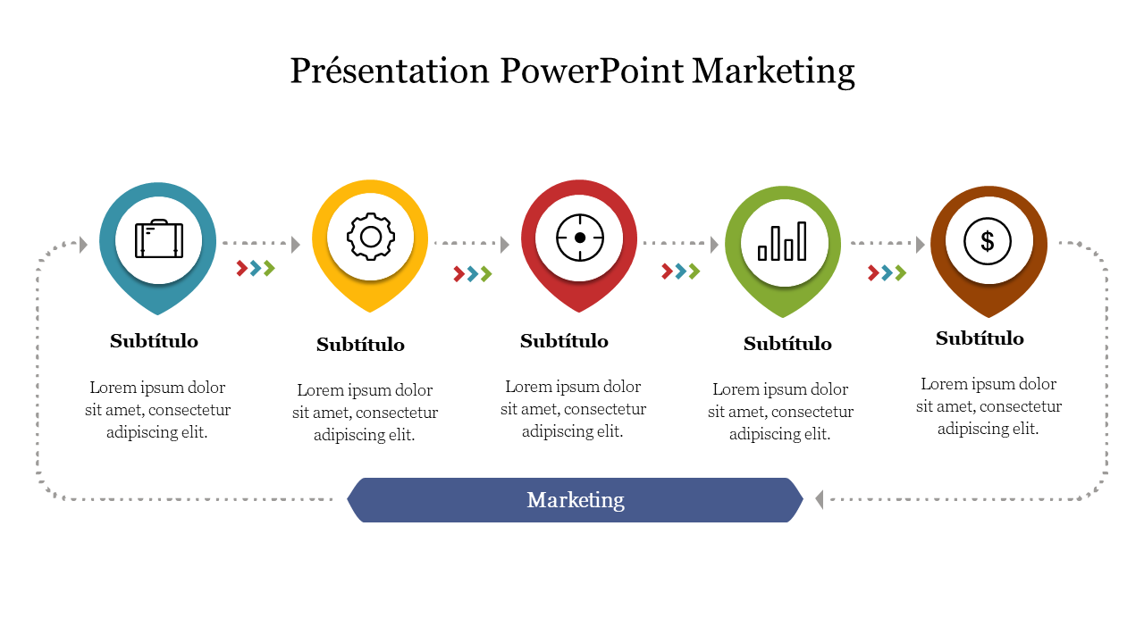 Marketing PPT slide with color coded icons for business topics connected by arrows with placeholder text on a white theme.