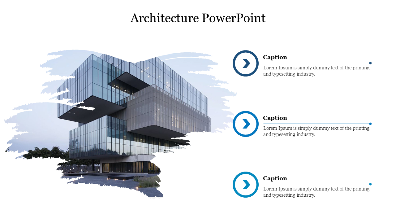 Architectural slide featuring a modern building design with three caption boxes and arrow icons on the right.