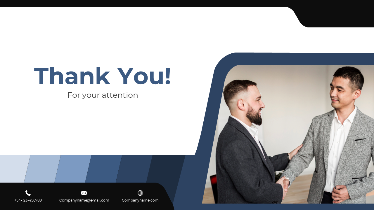 Thank you slide featuring a professional design with a photo of two men shaking hands.