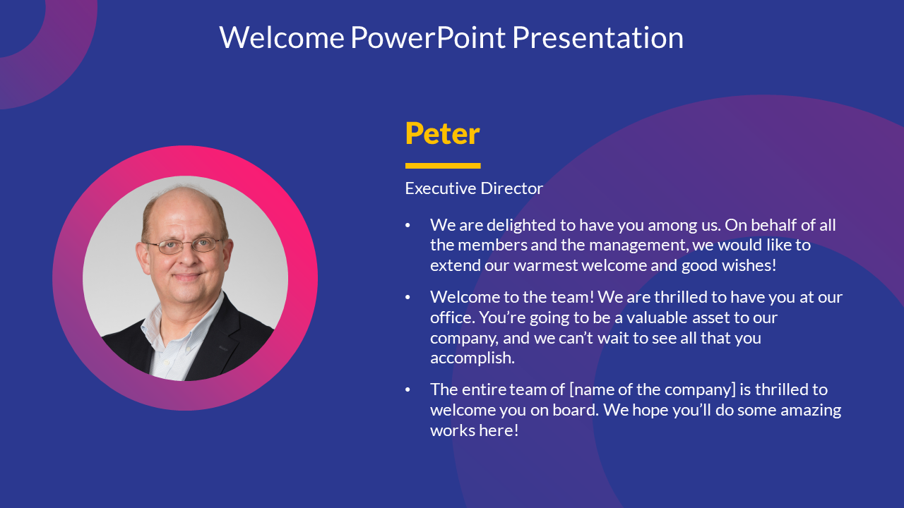 Welcome slide featuring Peter with a profile photo and warm welcome notes on a professional blue backdrop.