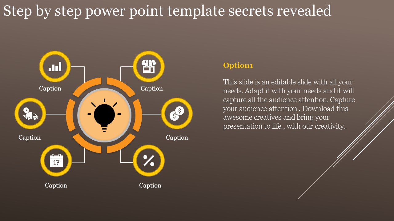 Yellow circular infographic with a lightbulb at the center, surrounded by six icons connected by lines, on a brown backdrop.