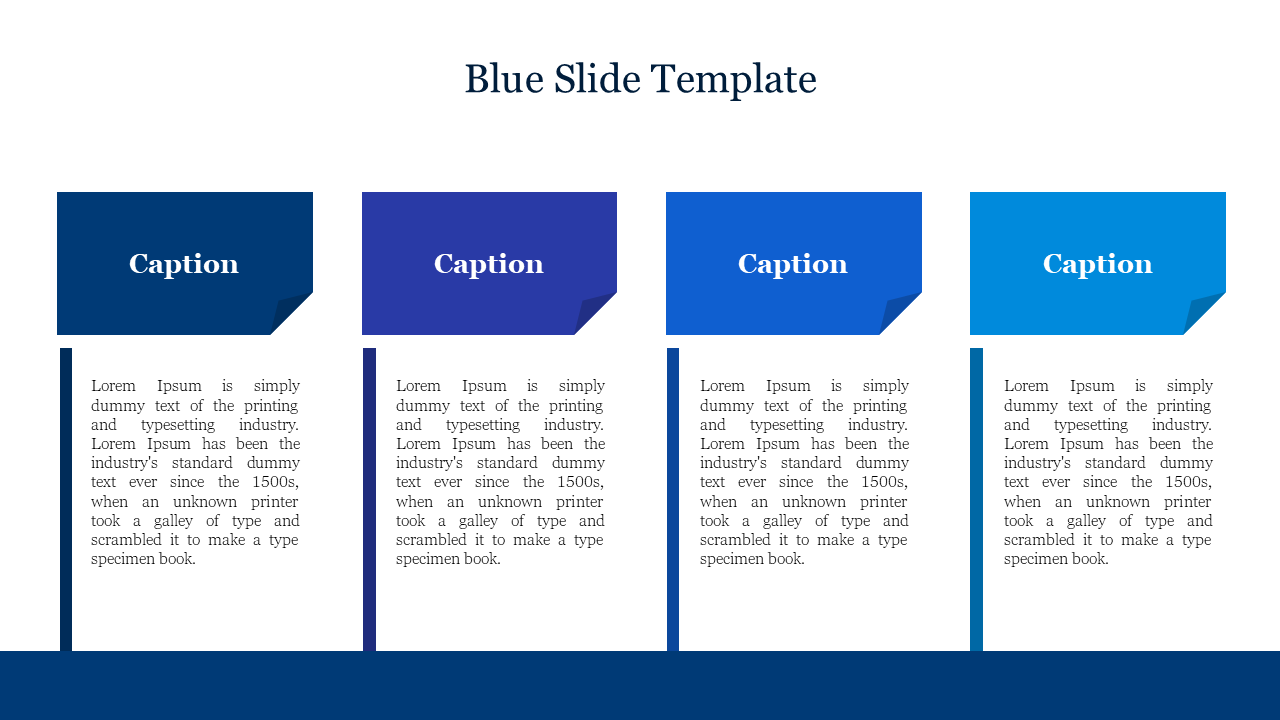 Slide with four columns, each featuring a blue caption box at the top and a text section below on a white background.