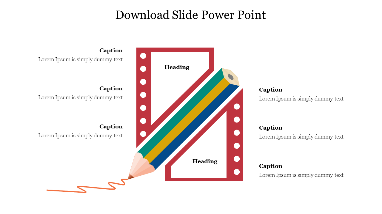 Slide with a colorful pencil illustration drawing a line, surrounded by text placeholders for captions and headings.