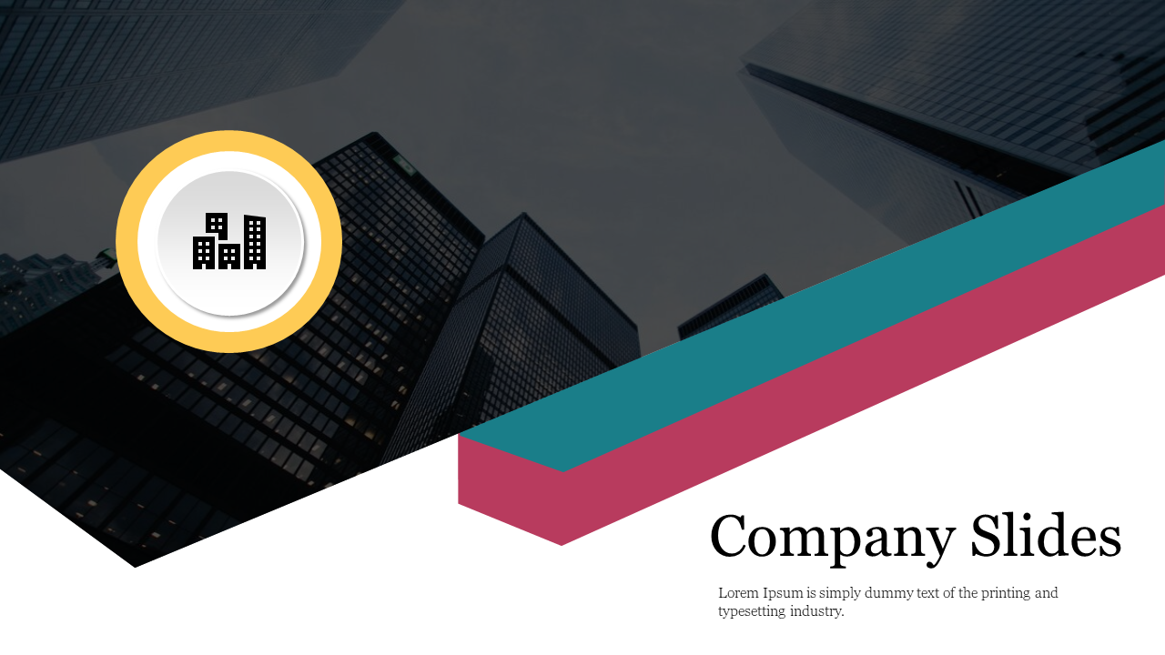 Company slide cover page featuring an icon of buildings, a modern geometric design, and a background of skyscrapers.