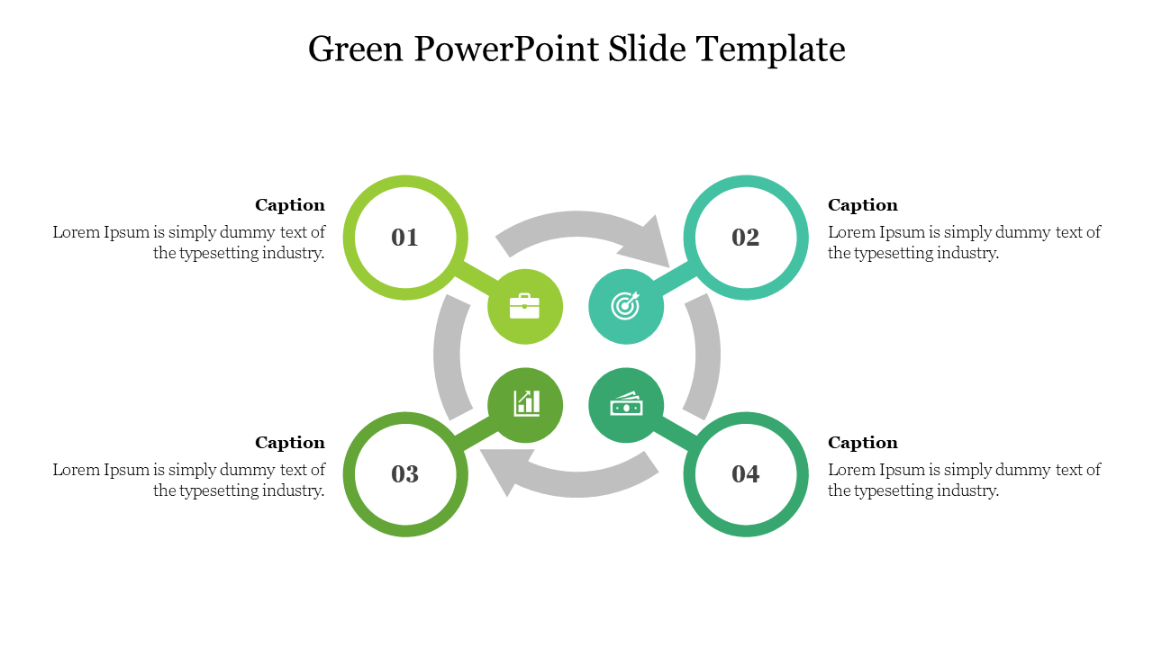 Circular infographic design with four green icons representing business, goals, growth, and finance, arranged around arrows.