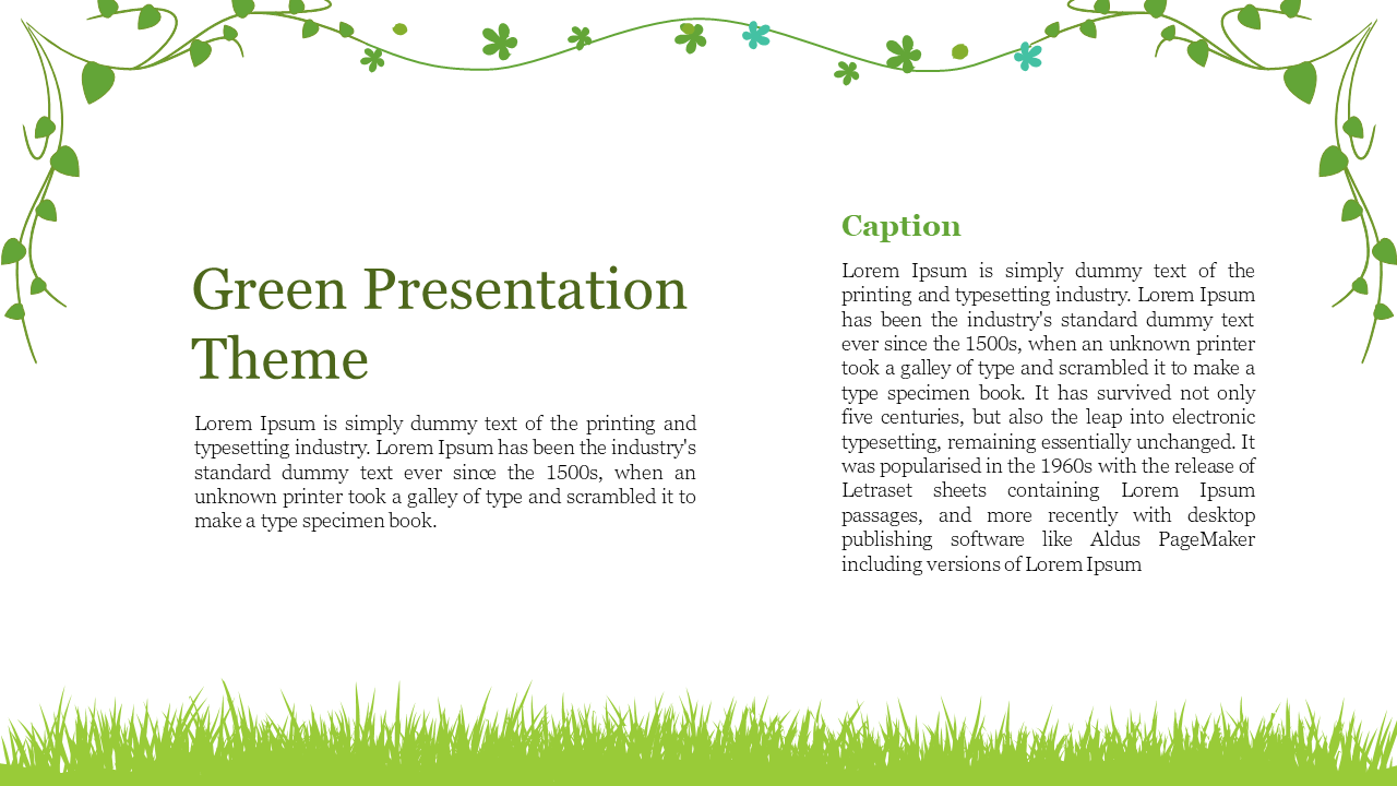 Green themed template with floral vines at the top and bottom with a grassy field and a central title area.