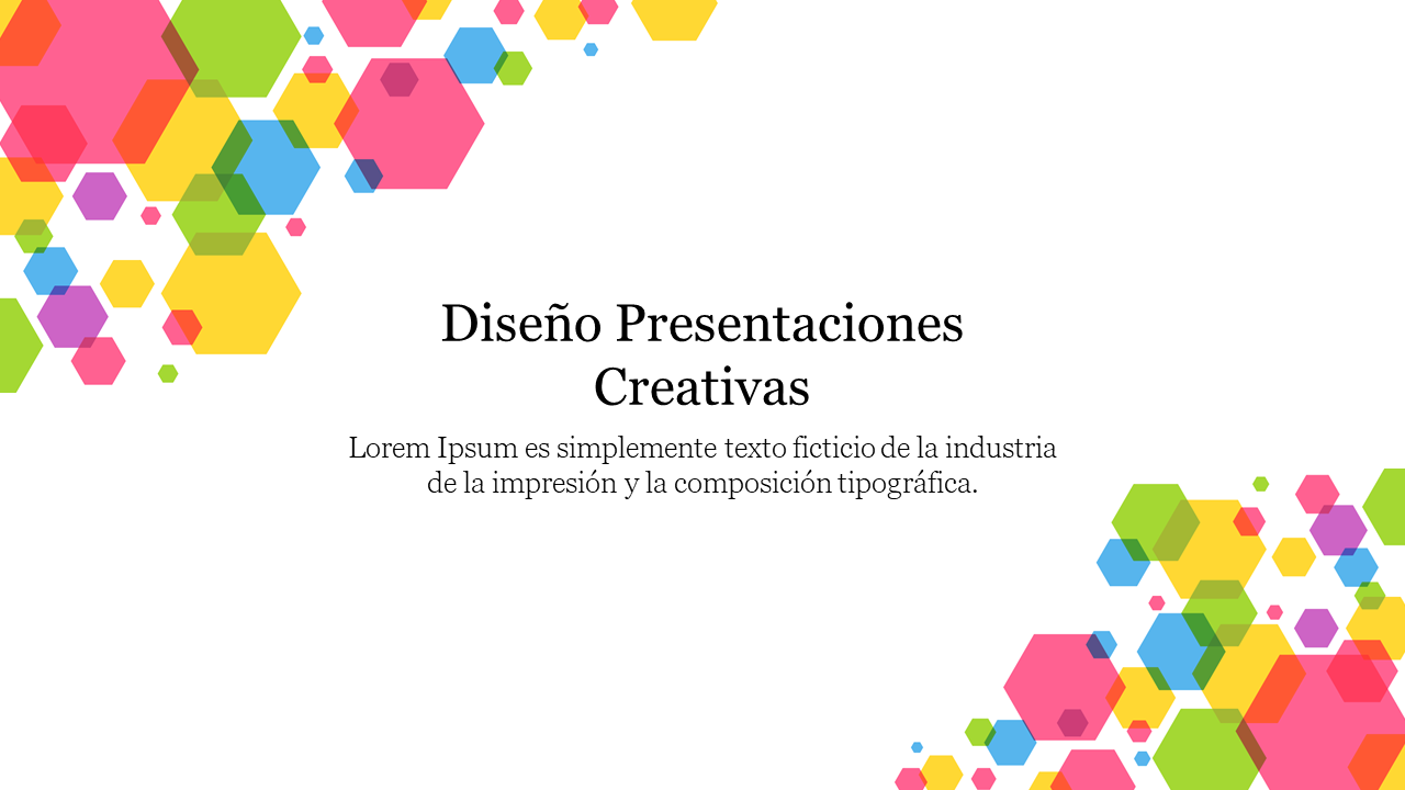 Diseno presentaciones creativas with colorful overlapping hexagons in pink, green, yellow, and blue, on a white background.