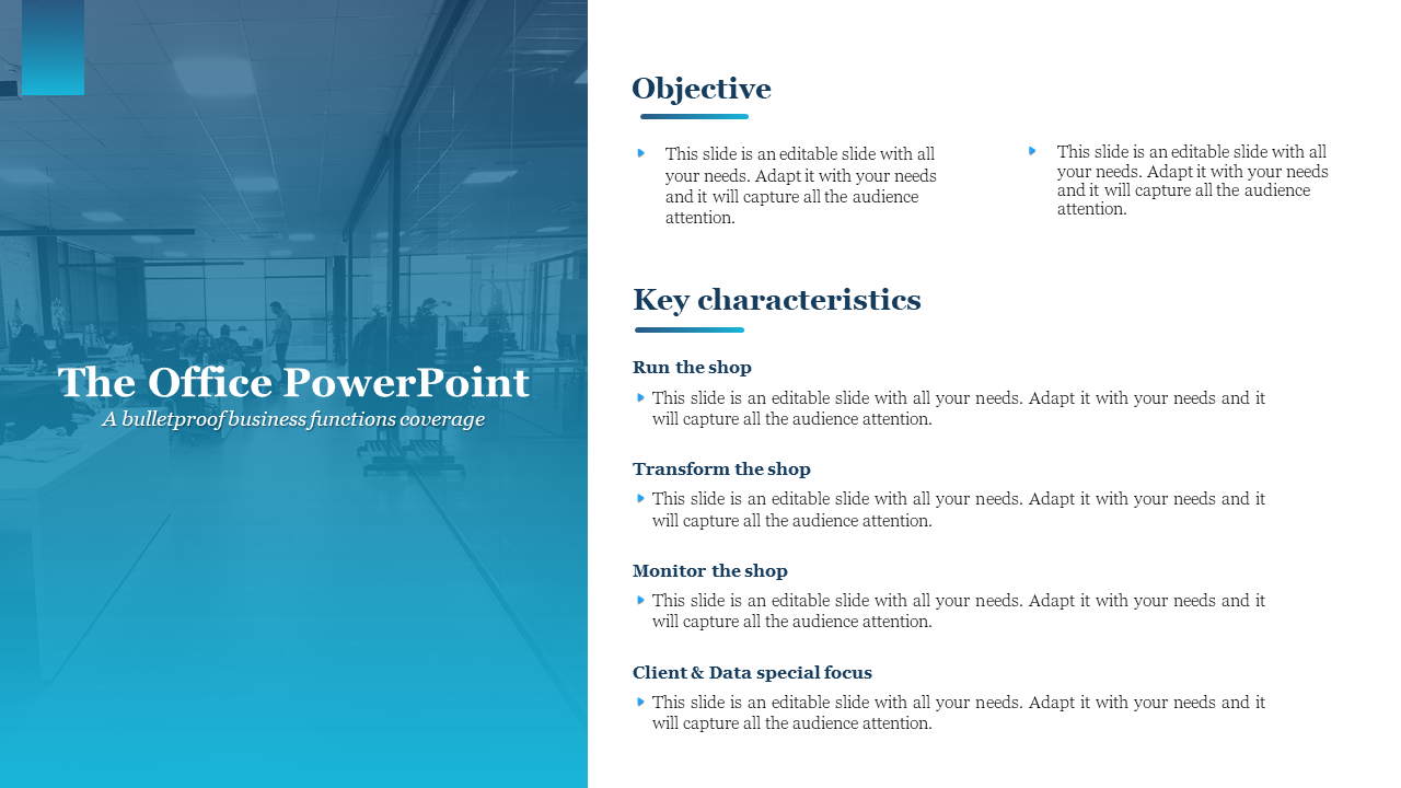 Split layout with a blue office background and text section with objectives and key characteristics on the right.