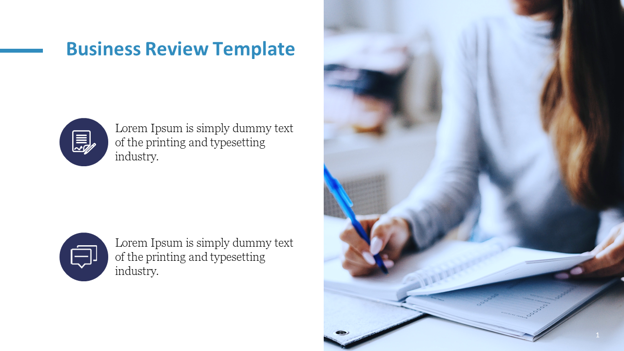 Business review template with two icons and an image of a woman writing in a notebook on the right.