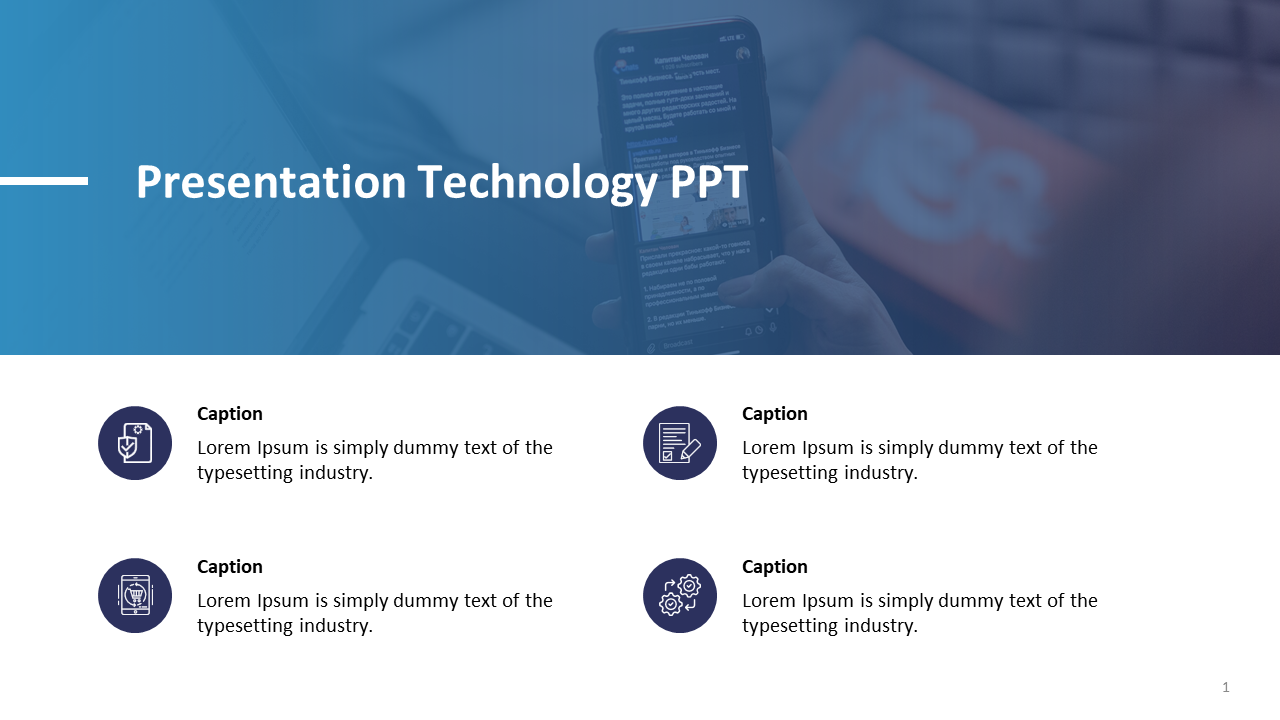 Tech-themed slide featuring icons for security, editing, and settings, with space for caption areas.