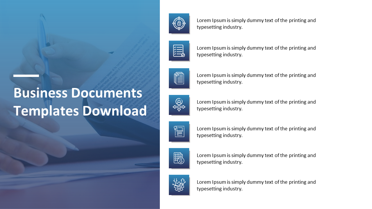 Business document slide with icons for various document types on the right and background image of hands.