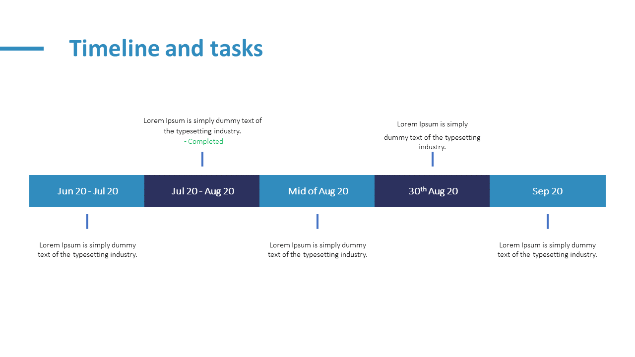 Timeline with five milestone blocks in blue hues labeled with dates from June to September 2020, each with placeholder text.