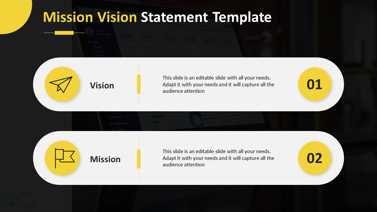 Two step mission and vision slide in yellow colored icons with placeholder text for both on a dark backdrop.