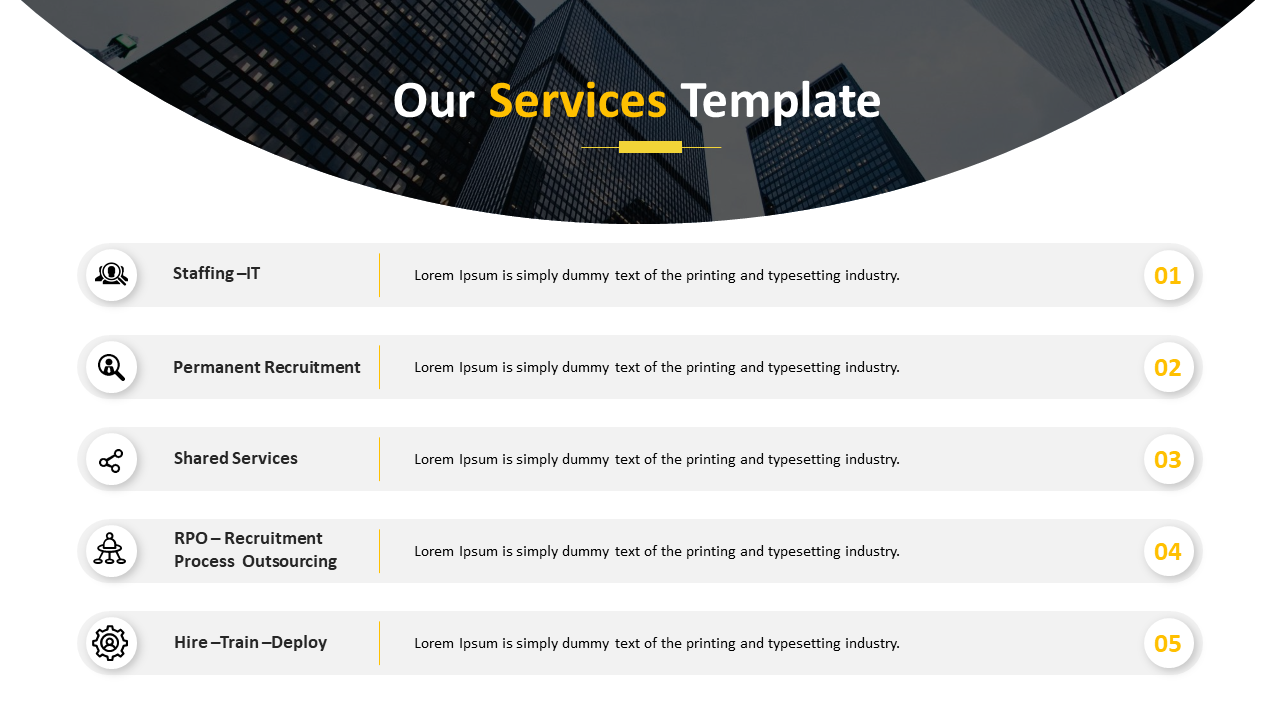 Template with a skyline background, showcasing five service categories with icons and numbered text placeholders.