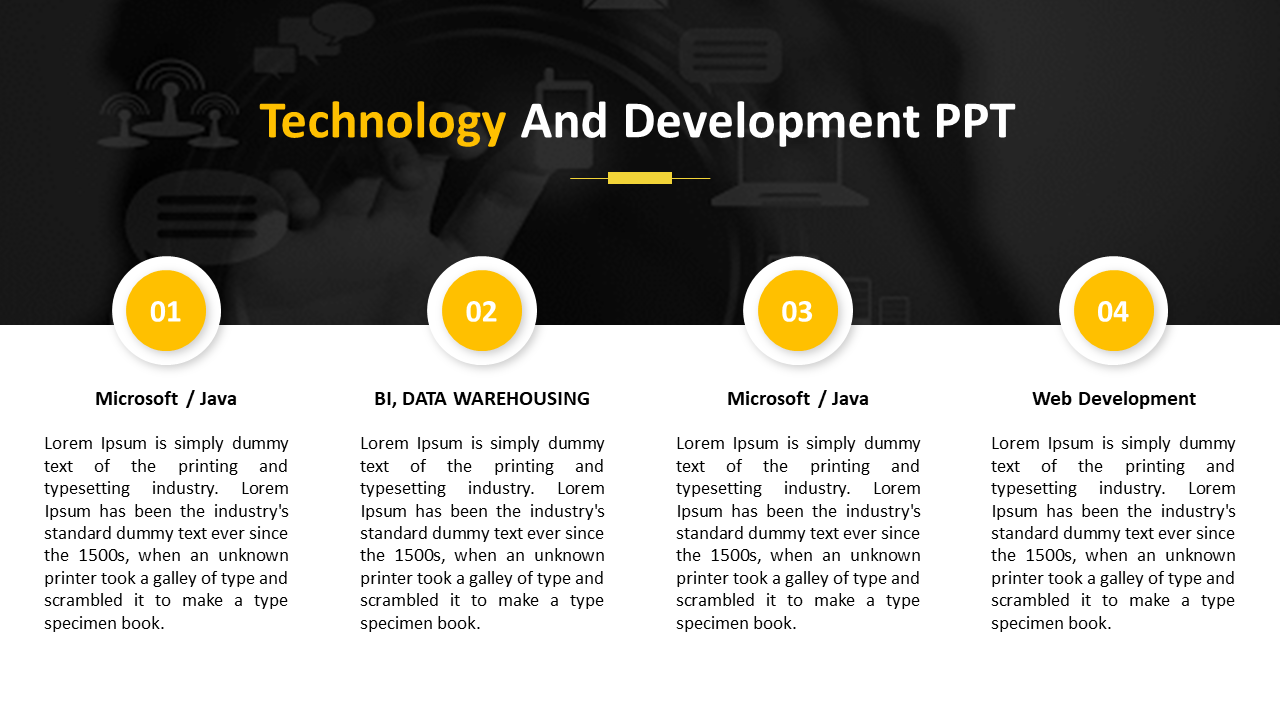 Technology and development slide with dark background, four numbered white text boxes arranged horizontally at the center.