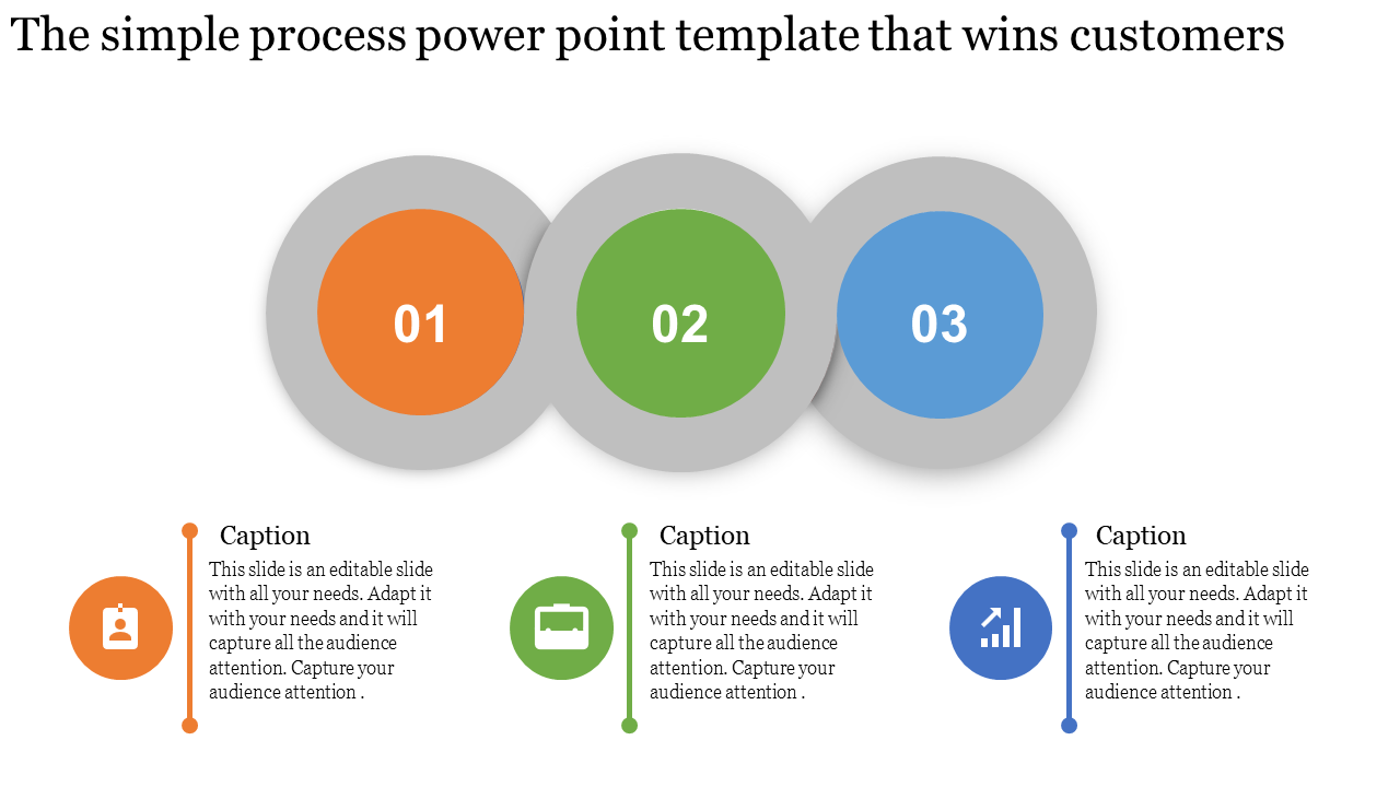 PowerPoint template featuring a simple process flow with three colored circles and corresponding captions with icons.