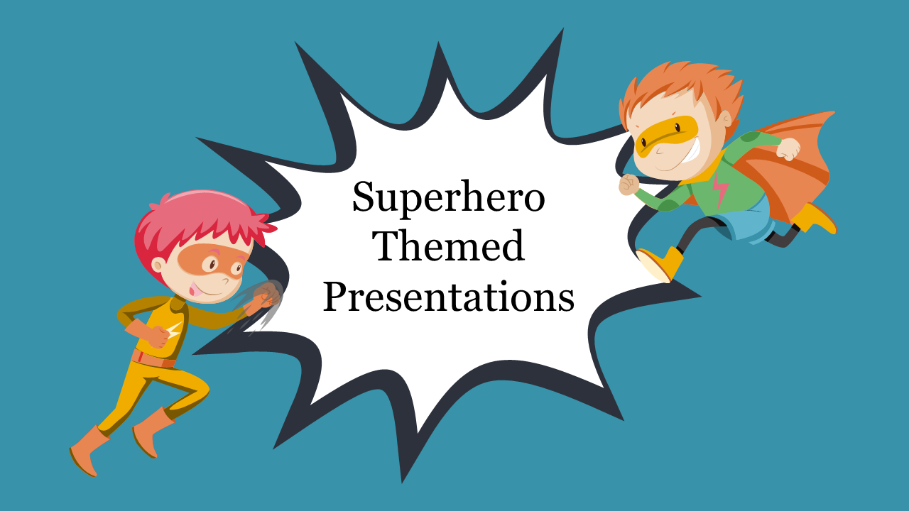 Cartoon superheroes flying toward a center speech bubble with the text  on a blue background.