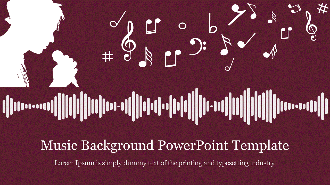 Silhouette of a singer with musical notes background and soundwaves on a maroon background with caption area.