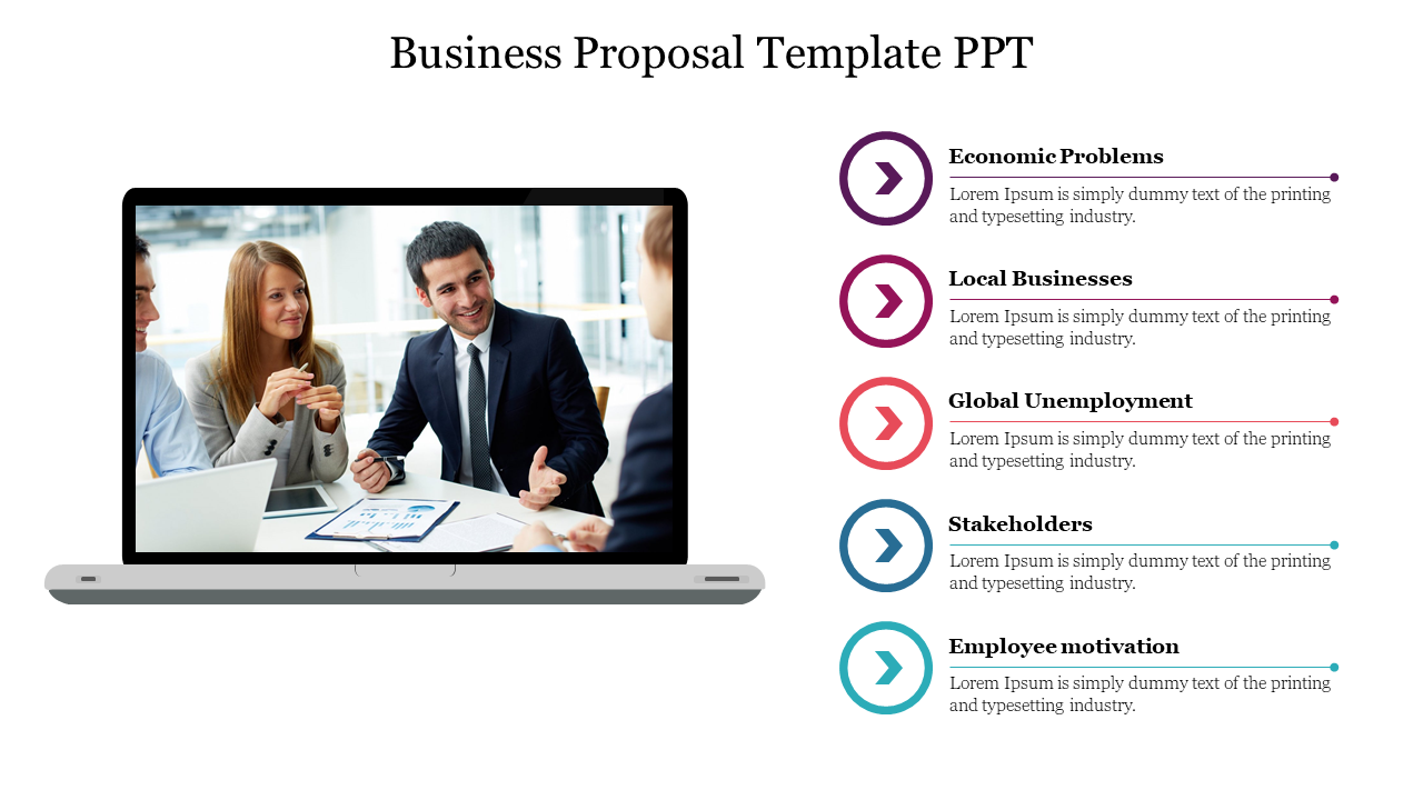 Business proposal slide featuring a laptop displaying a business meeting with five key discussion points on the right side.