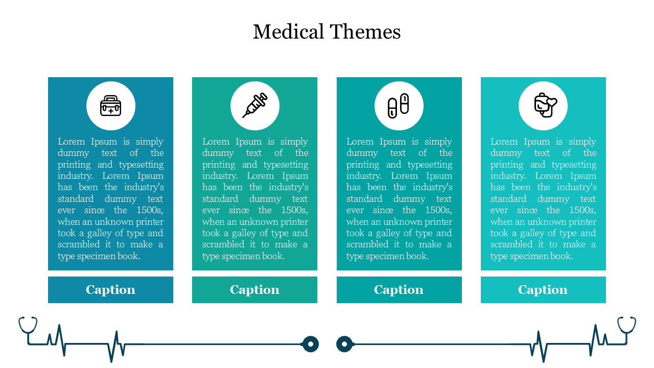 Medical theme PowerPoint template with icons representing healthcare equipment and clear captions for each section.