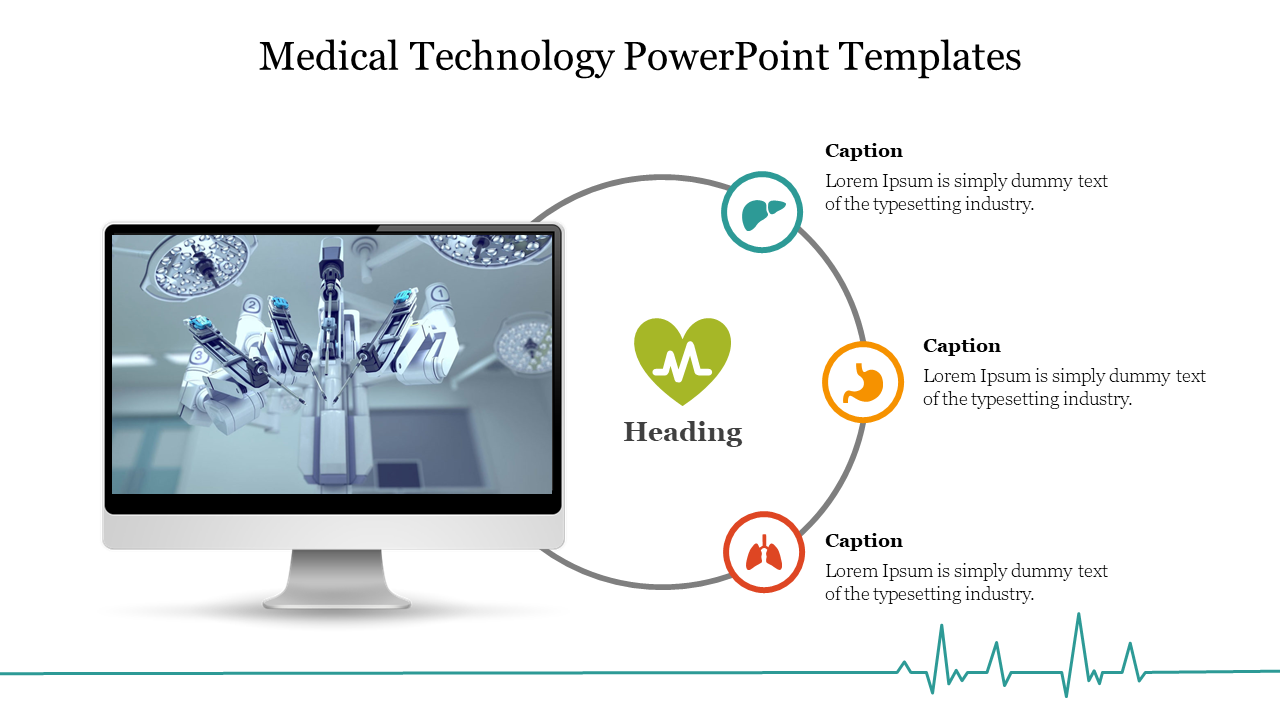 Medical technology slide featuring a robot assisted surgery system displayed on a computer screen with medical icons.