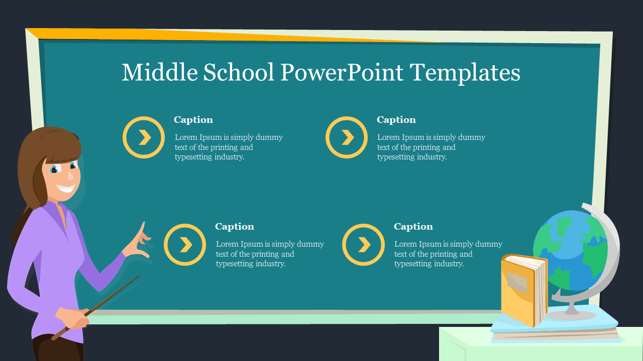 Illustrated teacher pointing four yellow icons with captions on a green chalkboard, and a globe on a desk.