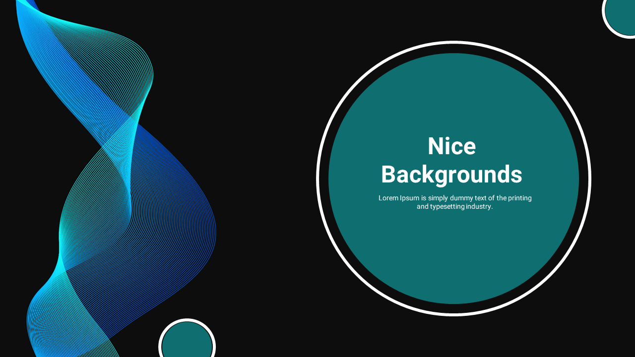 Modern slide background with a teal circular design and abstract blue wave lines on a black backdrop.