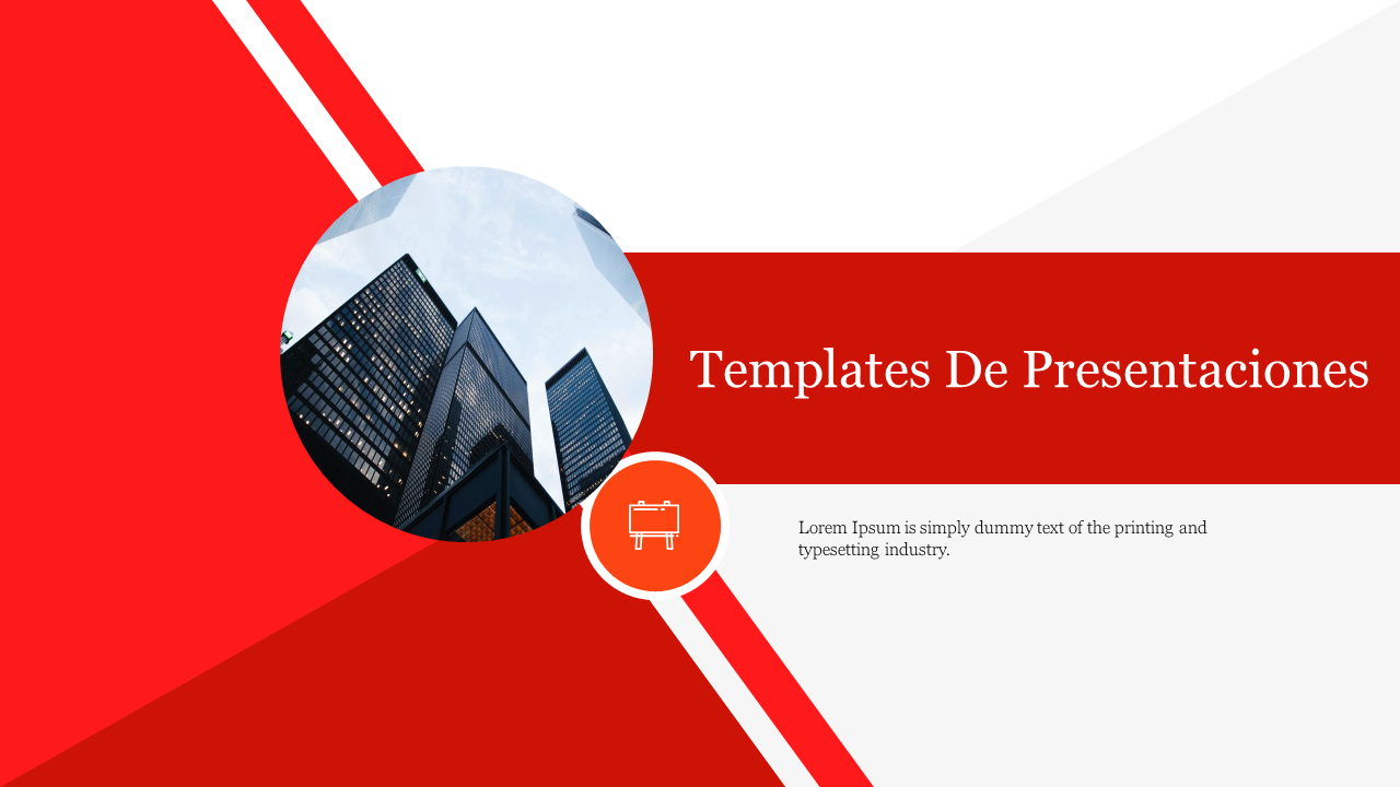 Templates de presentaciones slide with bold red accents, an image of modern buildings, and the title text.